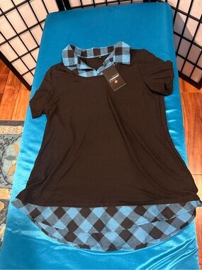 Black and Blue Plaid Collar Short Sleeve Top by fashion (G2)